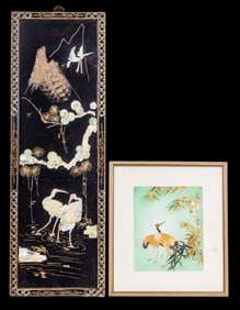 Chinese Lacquered Wall Panel + Crane Straw Art