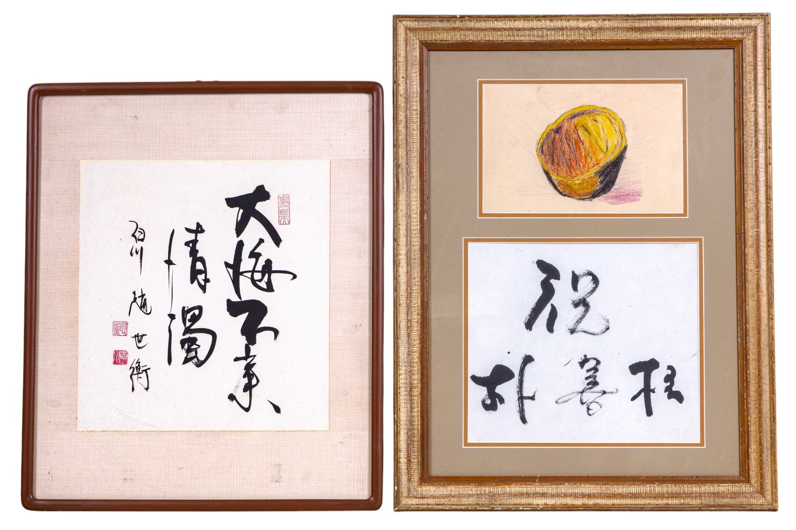 Framed Chinese Calligraphy (2): Two pieces of framed Chinese calligraphy, one pieces features a silk border in a lightweight wood frame with rounded edges, 18" W x 22" H, and the other features a double mat opening with a color oil
