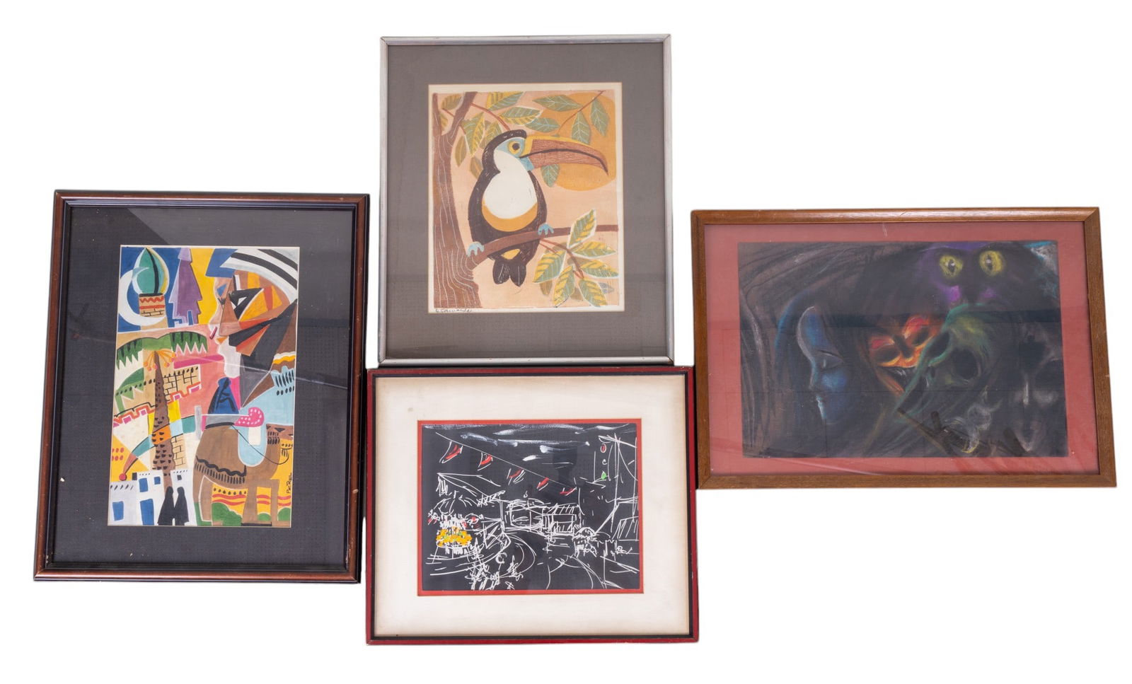 Abstract and Cubist Art: Layered screen print of a Toucan, signed illegible, 16" W x 19" H, a pastel drawing of spooky multicolor faces, not signed, 22.5" W x 15.5" H, abstract sketch of a street scene with hand painted embel