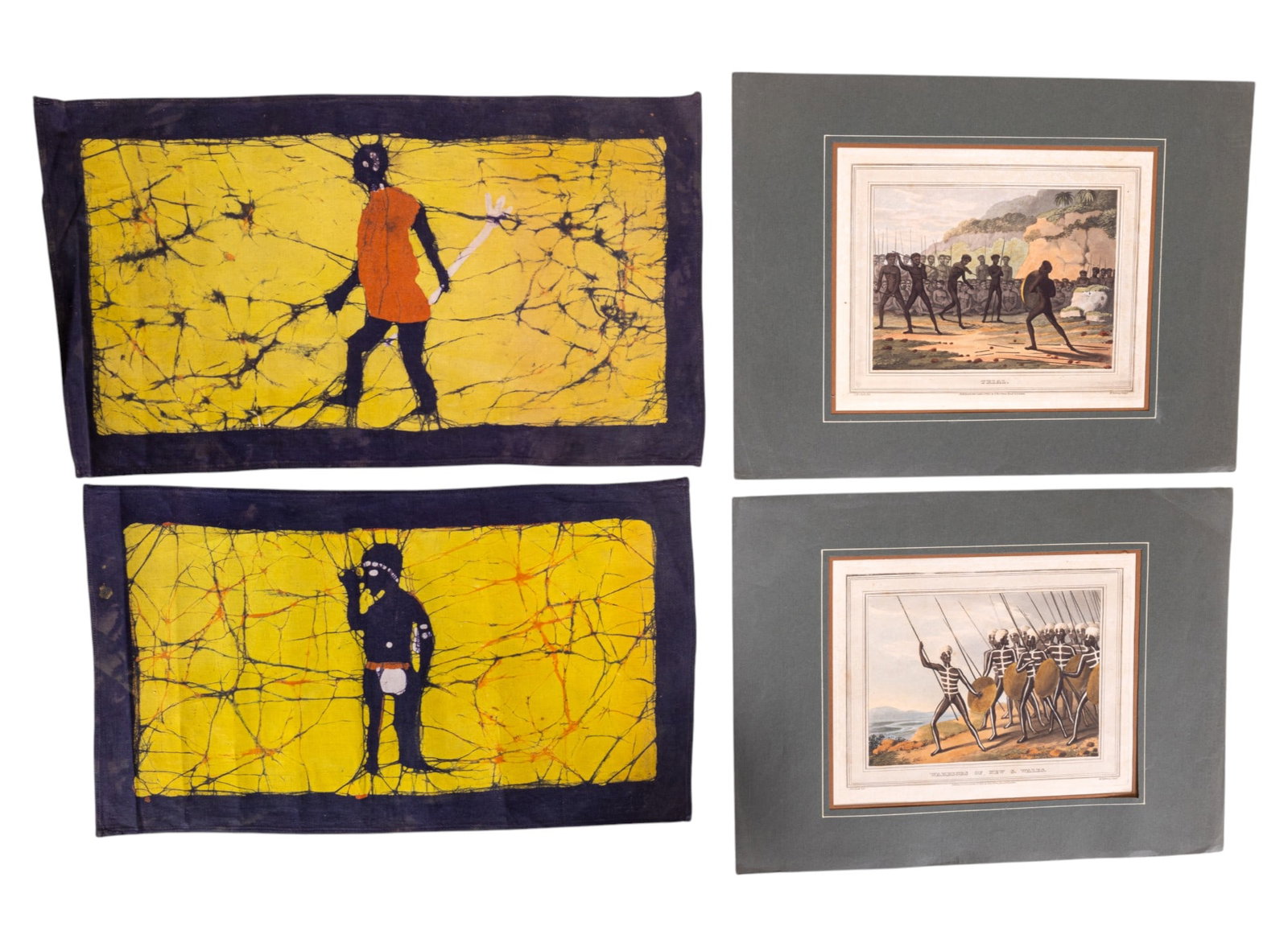 Tribal Batik Textiles and 19th C Aquatints: Two 19th C aquatinted lithographic prints by M. Dubourg, depicting African tribal scenes, published in 1813 England, cards underneath the matting state the same date of production, prints measure 13" 