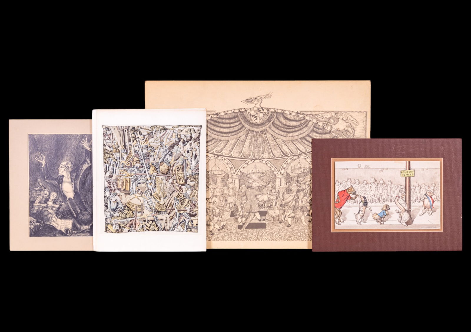 Lithographic Prints and Poster: A collection of lithographic prints including a shorten version of 'The Dirty Dogs of Paris' by Boris O'Klein (France 1893-1985) pencil signature in bottom right corner, 16" W x 12" H, 'Crescendo' by