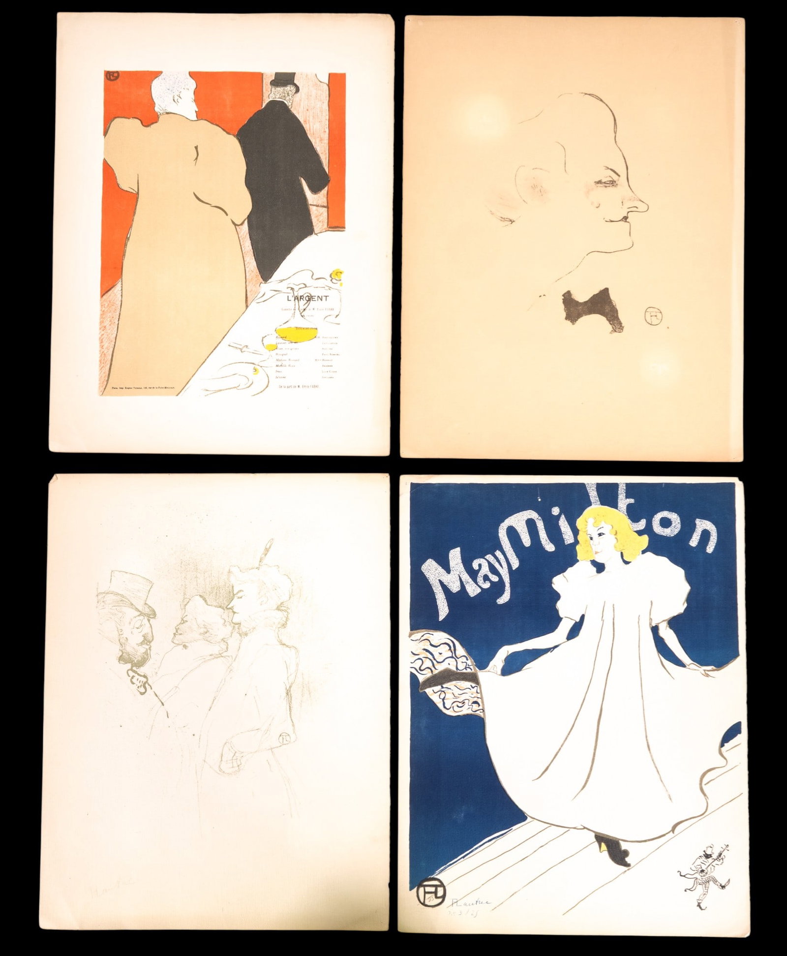 Vintage Prints After Lautrec (4): Four prints after Henri Toulouse-Lautrec works such as 'May Milton', 'L'Argent', a portrait of 'Yvette Guilbert', and 'Why Not?...Once is not a Habit', 13" W x 17" H.