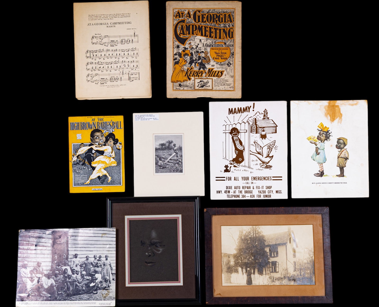 Black Americana, Sheet Music, Photograph & More: A collection of early African American art including a Black Americana cartoon ink jet print, note stained paper above subjects, 11" W x 14" H, an advertisement attributed to the original metal sign a