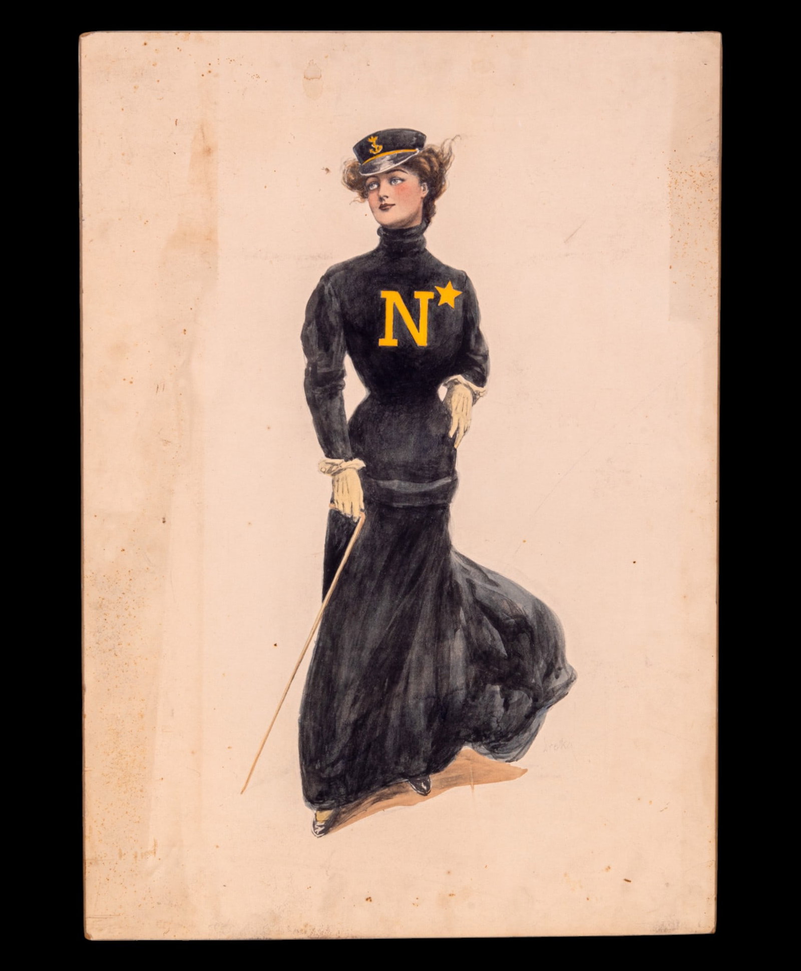 Hand Tinted Lithograph: Lithographic print of a Victorian era woman in U.S. Navy garments with hand painted watercolor tinting, 21" W x 29.5" H. Signed by the foot of the subject 'Dreka'