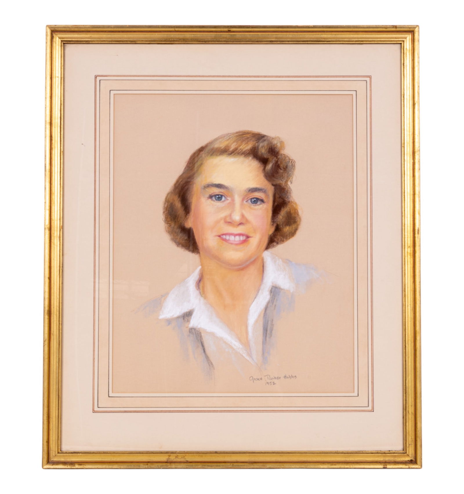 Mid Century Pastel Portrait: Framed and matted pastel portrait of a woman signed and dated 'Grace Parker Hobbs 1952', measures 21.5" W x 26" H.