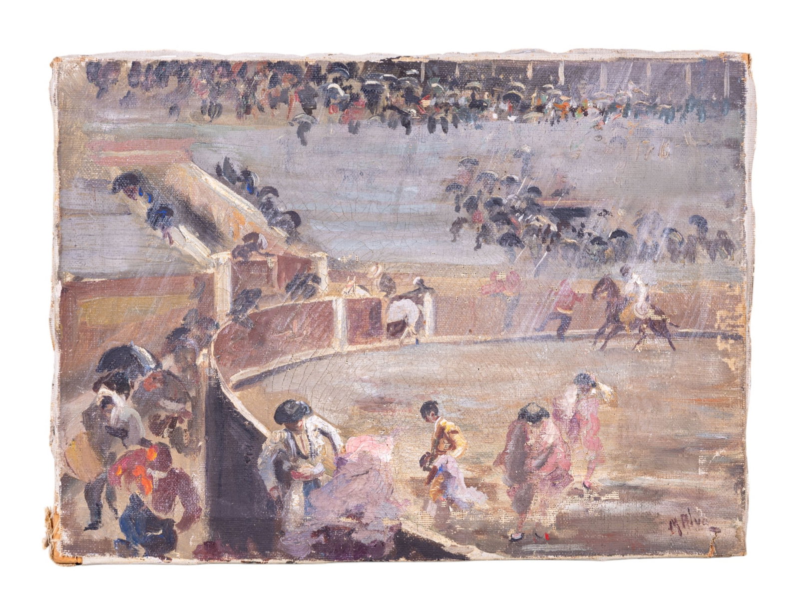 Antique Oil on Canvas: Antique oil on canvas depicting an impressionist Spanish bullfighting scene, illegible signature in the bottom right corner, 13" W x 9.5" H. Note ripples and heavily cracked paint, and water stains on