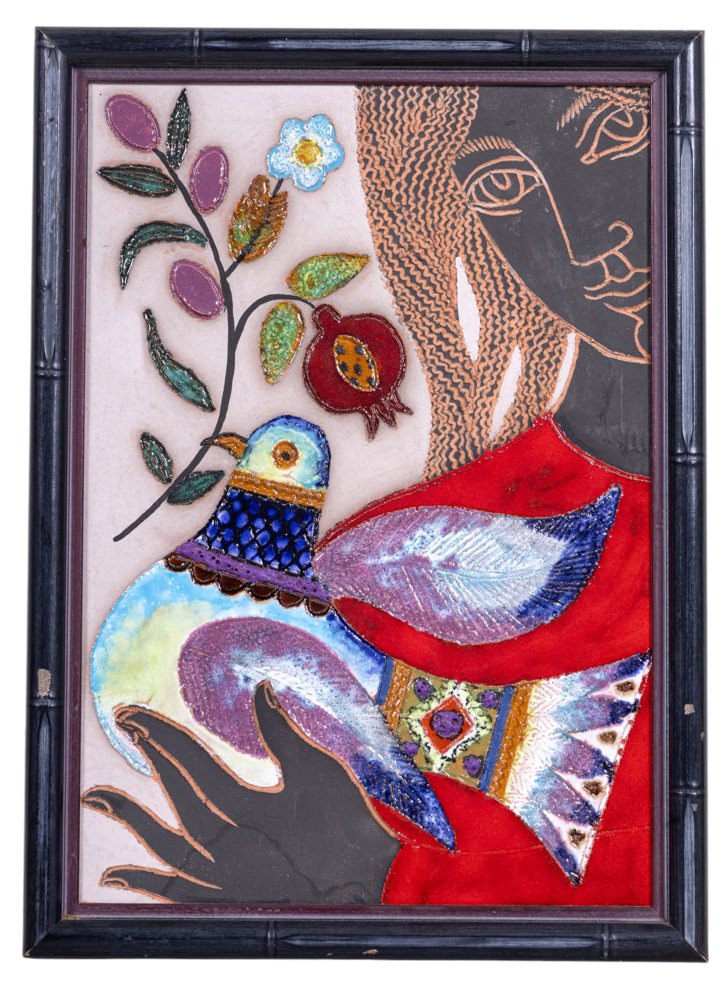 Ceramic Judaica by I. & A. Awret (Israel, 20th C): Framed, incised, and glazed terra cotta tile Judaica by artist couple Irene and Azriel Awret (Israel, 20th C), depicting a woman holding a bird and flowers, 12" W x 16" H.