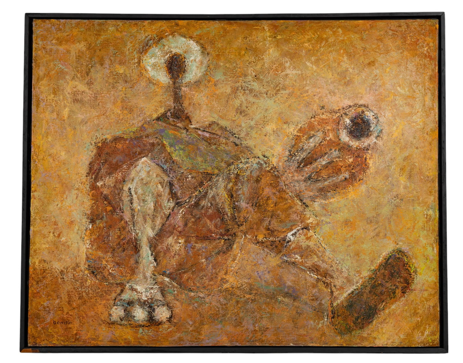 Rafael Bonilla Cortes (MX 1924-2011) Oil on Canvas: Rafael Bonilla Cortes (MX 1924-2011) oil on 39" W x 31" H canvas of a reclining stylized figure with vessel in n Earth tone palette signed "Bonilla" LL in black wood floating frame.