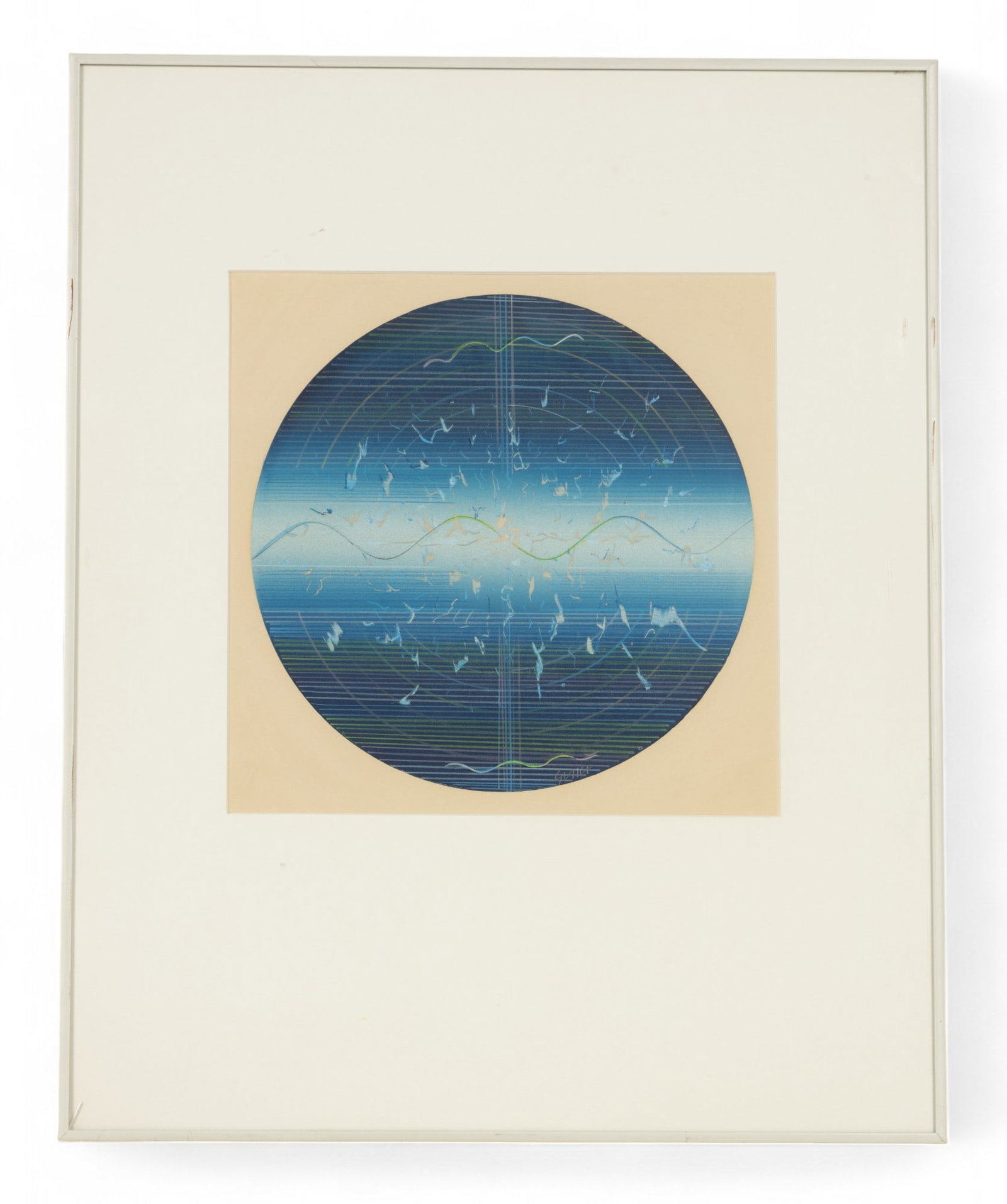 J. Clemente Sirica (AM b. 1936) Abstract Sphere: JoJohn Clemente Sirica (AM b. 1936) mixed media geometric circular composition in a blue and white palette on tan paper signed "Sirica" LC - visible art approx. 12.5" x 12.5"; frame approx. 20" W x 25
