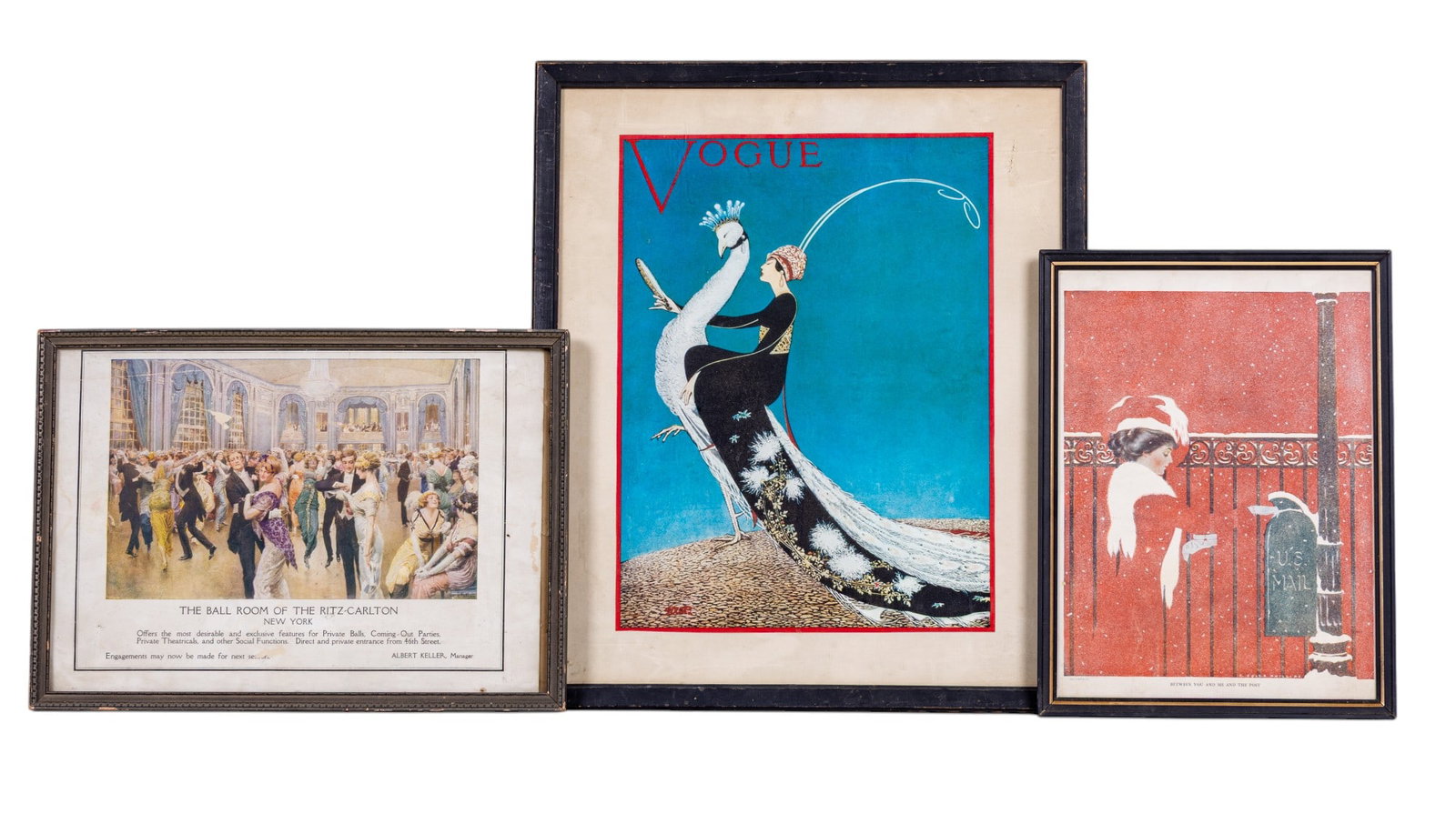Early 20th C Framed Advertising Prints: A collection of framed early 20th C advertising prints featuring a print depicting a cover of Vogue, 14.5" W x 17" H, a U.S. Mail ad titled 'Between You, Me, and the Post', 9" W x 12" H, and an advert