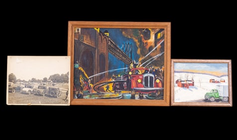 Vintage Automotive Art incl Firefighters w/ Truck