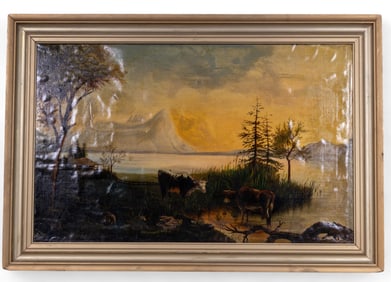 Large Signed Oil on Canvas of Cows at Pasture