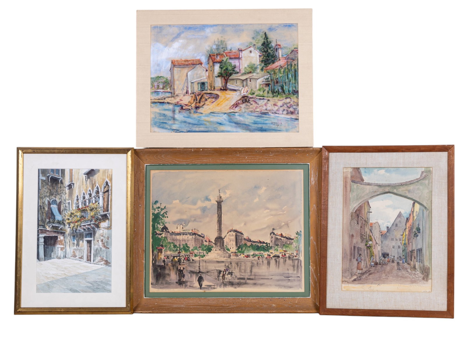 Two European Original Artworks & Two Prints: Largest original art is an unframed 20th century pastel of a seashore with houses by the Adriatic Sea. It is signed, "Zora L. R. 1987" by Dr. Zora Lampreht and measures 22" h x 28" w total. Other orig
