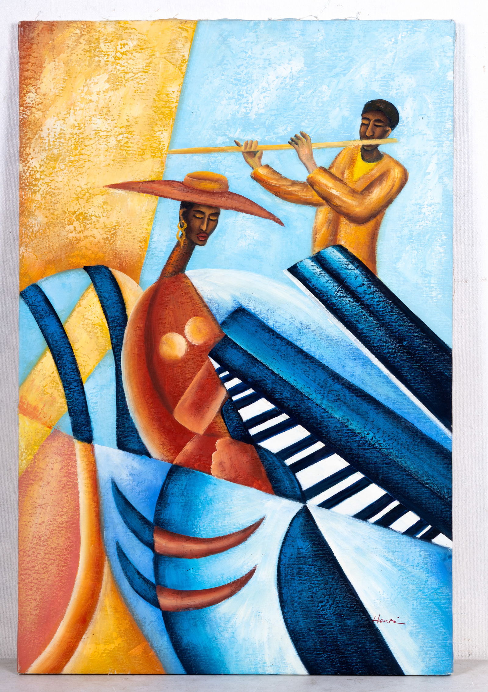 Contemporary Cubism Oil on Canvas: Stretched oil on canvas contemporary cubist painting depicting two musicians playing a piano and flute, signed in bottom right section 'Henri', 24" W x 36" H.