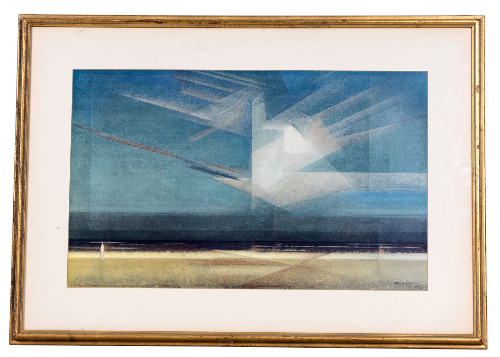 Framed Print After Lyonel Feininger (Am 1871-1956): Large framed and matted print depicting a cubist seashore after Lyonel Feininger (American 1871-1956), 36" W x 26" H. Note some finish loss on the edge of the frame.