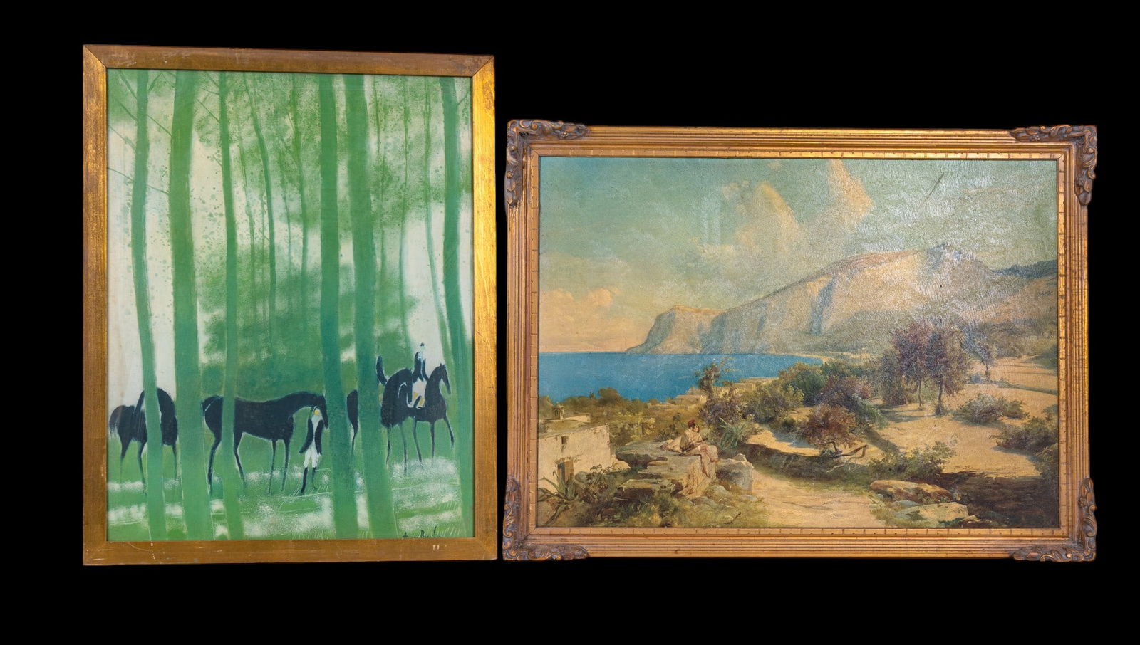 Prints After Blechen and Brasilier: Framed print after 'Vert Printemps No. 89' by Andre Brasilier (French 20th C) 27.5" x 34.5" H, and a framed print on board after 'Afternoon on Capri' by Karl Blechen (German 1798-1840), 40" W x 30" H.