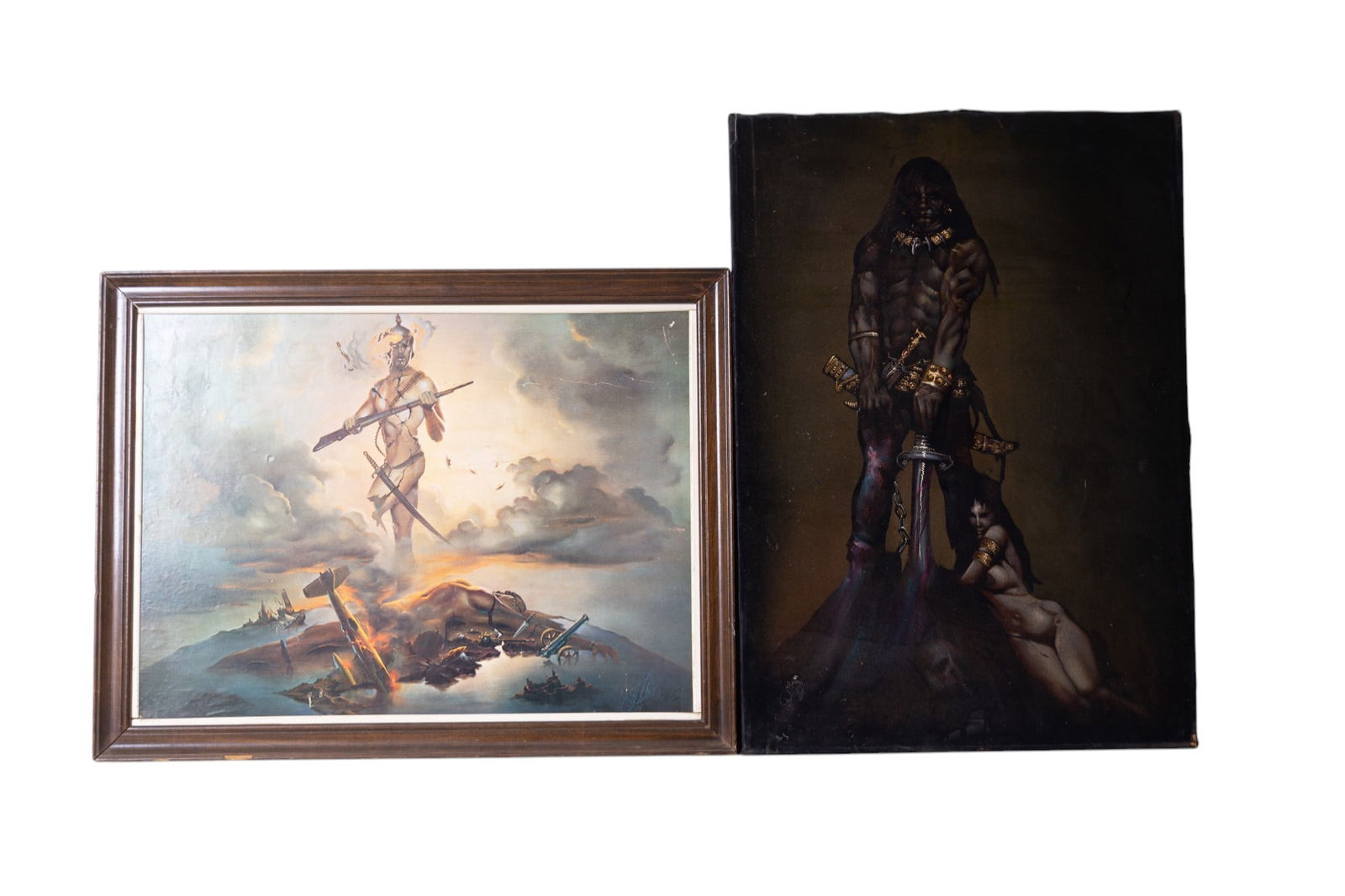 Surrealist Print and Oil on Velvet: Framed print on board after 'War' by John Pitre, note cracks in finish, 34" W x 26.5" H, and an oil on velvet after 'Conan' by Frank Frazetta, 25" W x 35" H, note torn velvet in top right section.