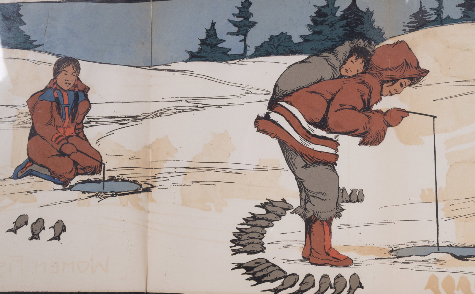 Inuit Screen Prints and Carved Soapstone Figurine: Two framed Inuit screen prints titled 'Women Fishing' and The Walrus Hunt' by Bess Bruce Cleveland, note a mirrored image bleed from being folded in half before framing, 38" W x 14" H, framed graphite