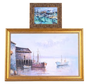 Two Mid Century Boat Harbor Scenes