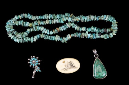 Carved Yukon Gold and Sterling Turquoise Jewelry