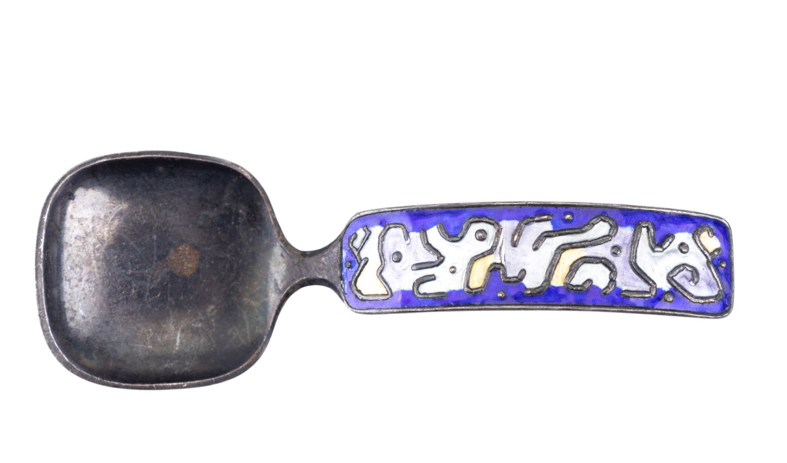 Balle Sterling Enamel Mid Century Spoon: Oystein Balle sterling silver caddy spoon with mid century modern cobalt enamel details, from Norway.