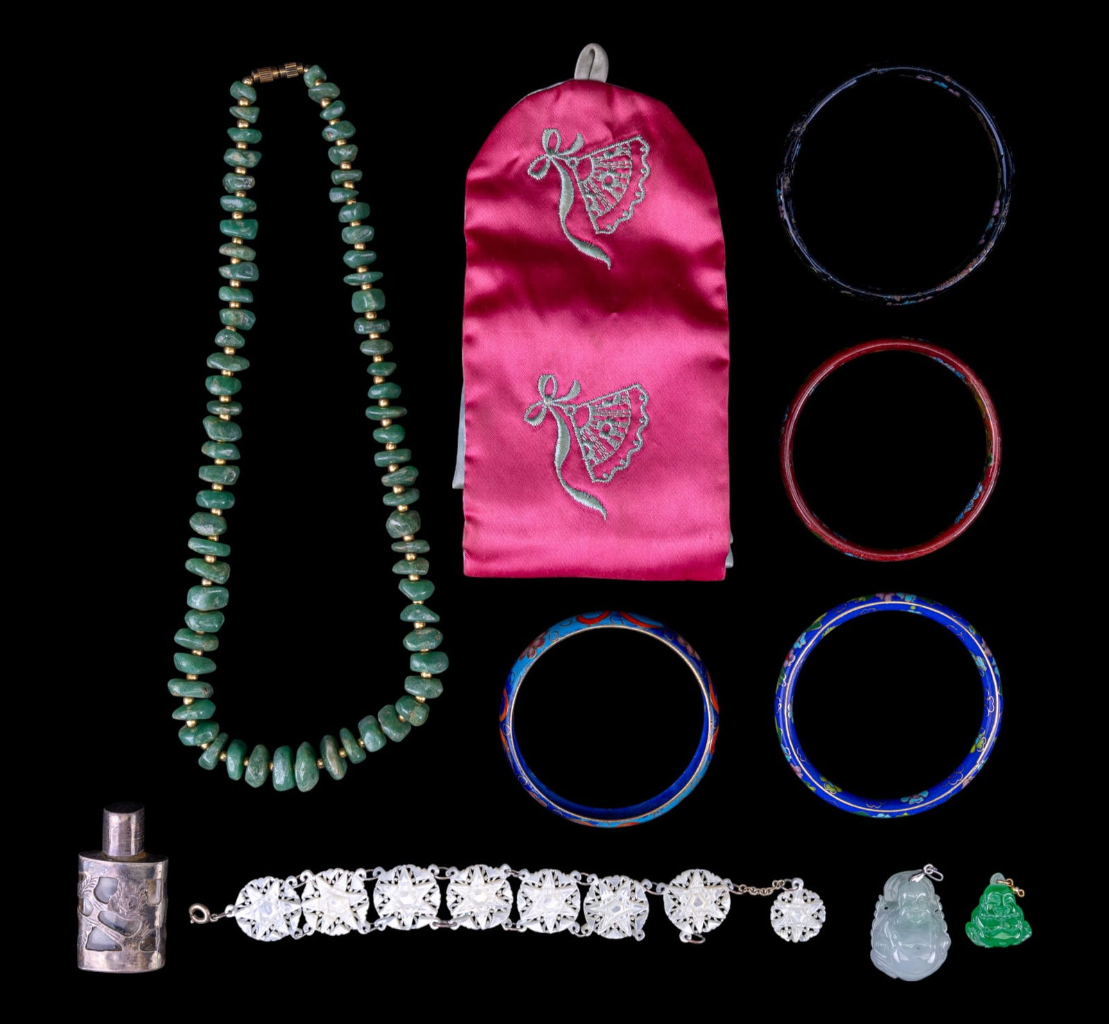 Cloisonne Bracelets and Estate Jewelry: Sampling includes four various enamel cloisonn? bangle bracelets, mother-of-pearl bracelet, jade Buddha pendant, and more. Also included: a sterling silver perfume bottle. Note: One mother-of-pearl li