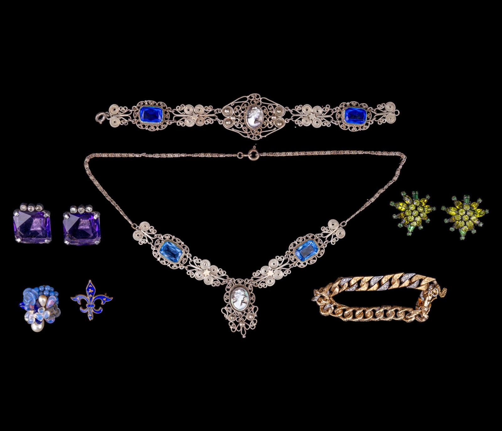 Schreiner New York and Vintage Jewelry: Schreiner NY signed green peridot and rhinestone clip earrings, enameled fleur-de-lis pin, silver-tone intricate cameo-style bracelet with matching necklace, and more.