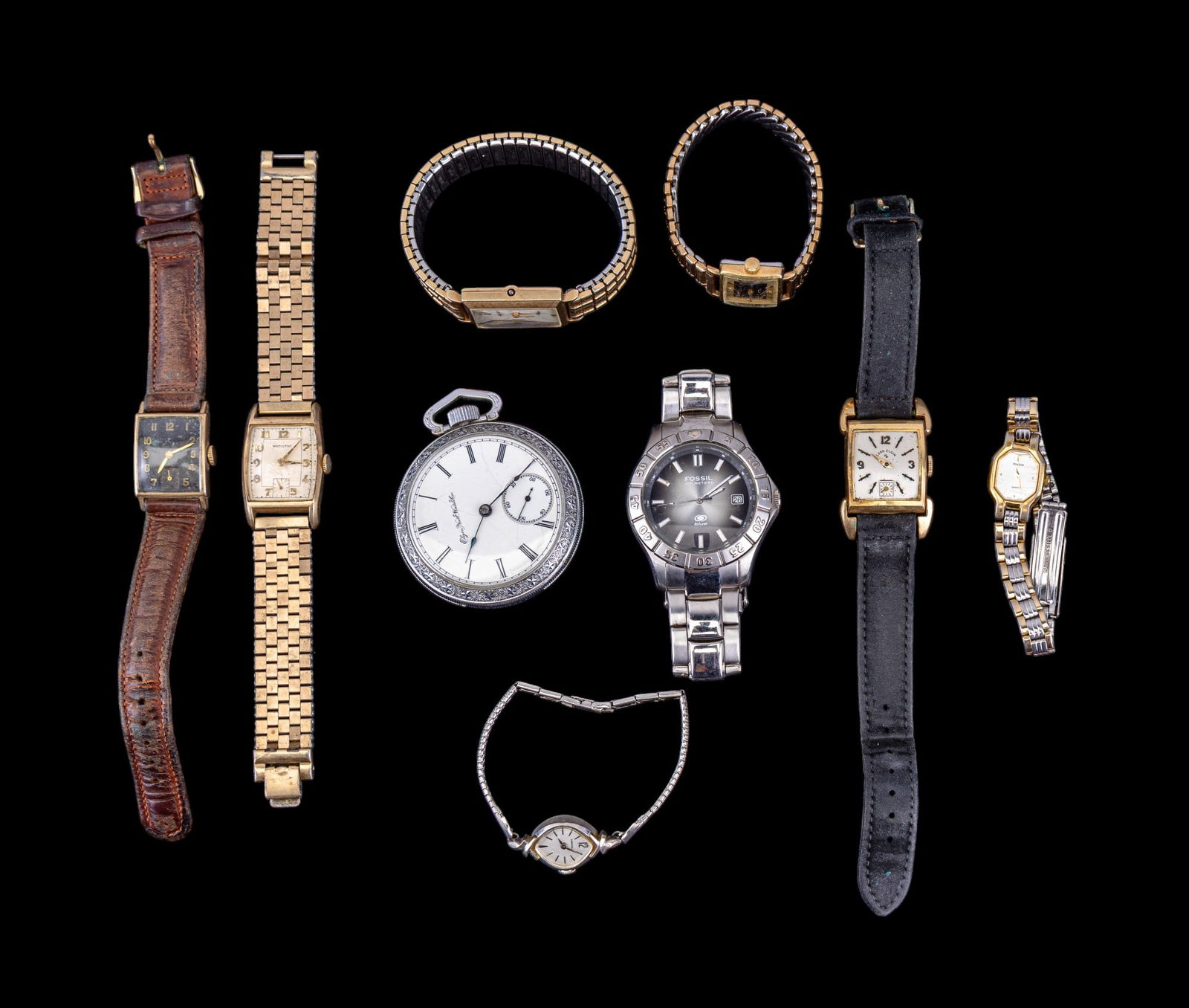 Longines, Hamilton, and Vintage Watches: Longines and Hamilton 10K gold-filled wind-up watches, Elgin National Watch Co. pocket watch, Lord Elgin, Fossil, Pulsar, and Caravelle. All in as-found condition.