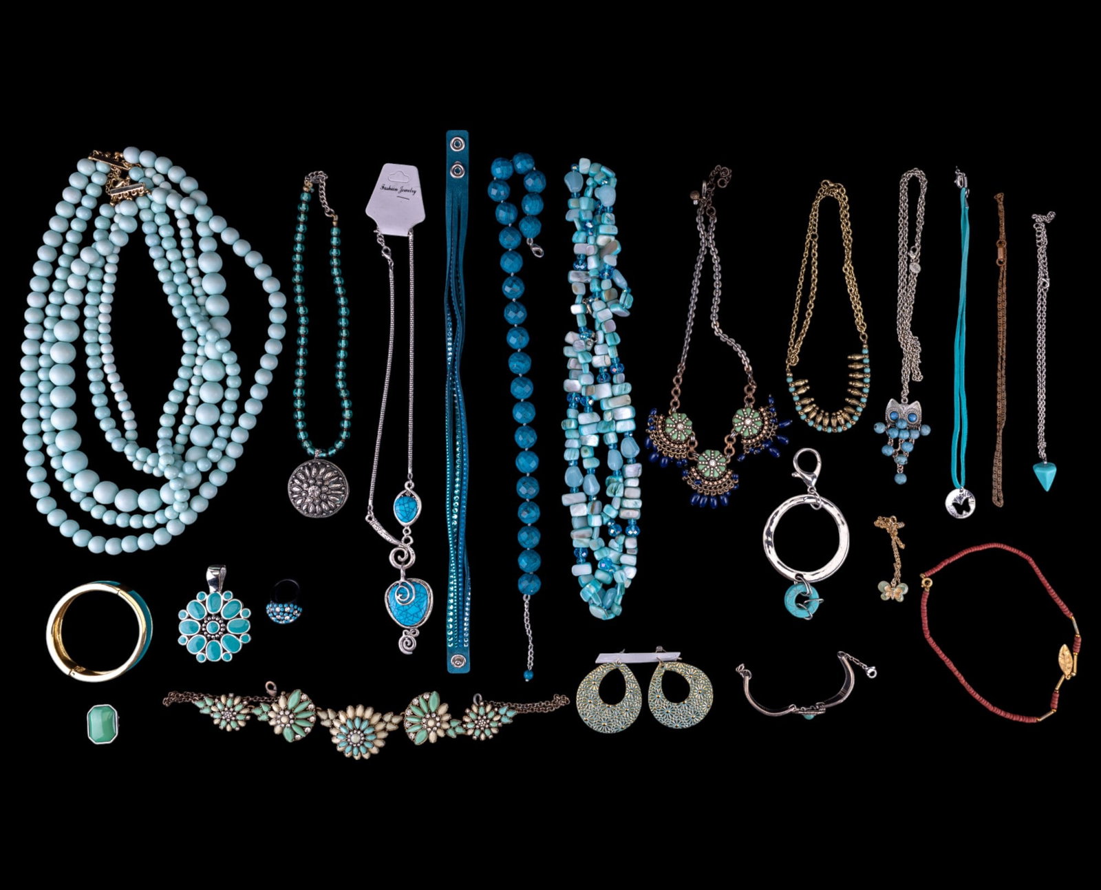 Premier Designs, Vintage Statement Necklace, Blue: A Premier Designs blue enamel two-color pendant, vintage floral rhinestone statement necklace, multi-stranded quality beaded necklaces, glass bead necklace w/ silvertone pendant, howlite/faux howlite 