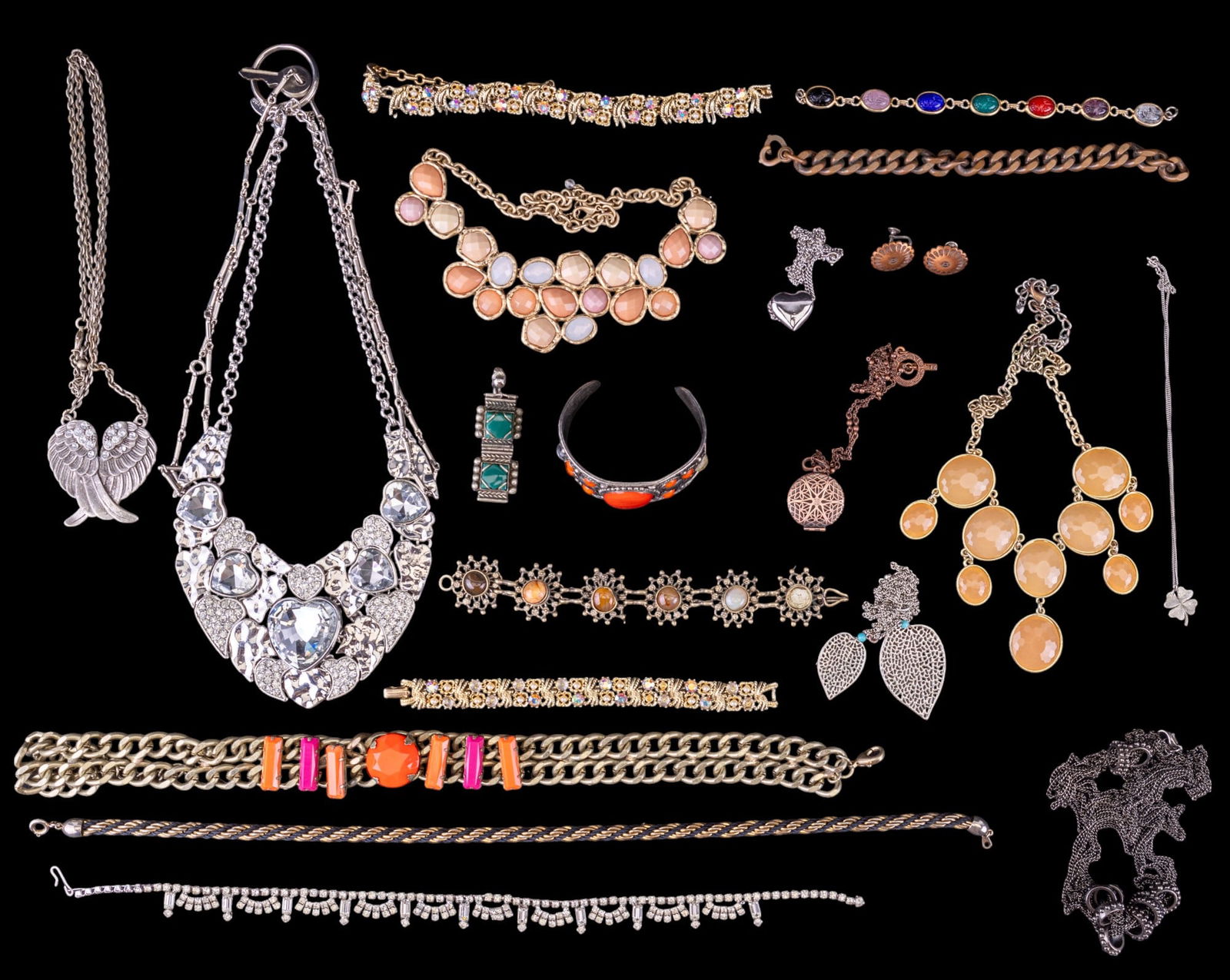 Stone Cabochon & Rhinestone Costume Jewelry: Collection of costume jewelry including 14 necklaces, 5 bracelets, a pair of earrings that match the copper tone necklace, & an earring w/o a match. Many pieces have either stone cabochon and/or rhine