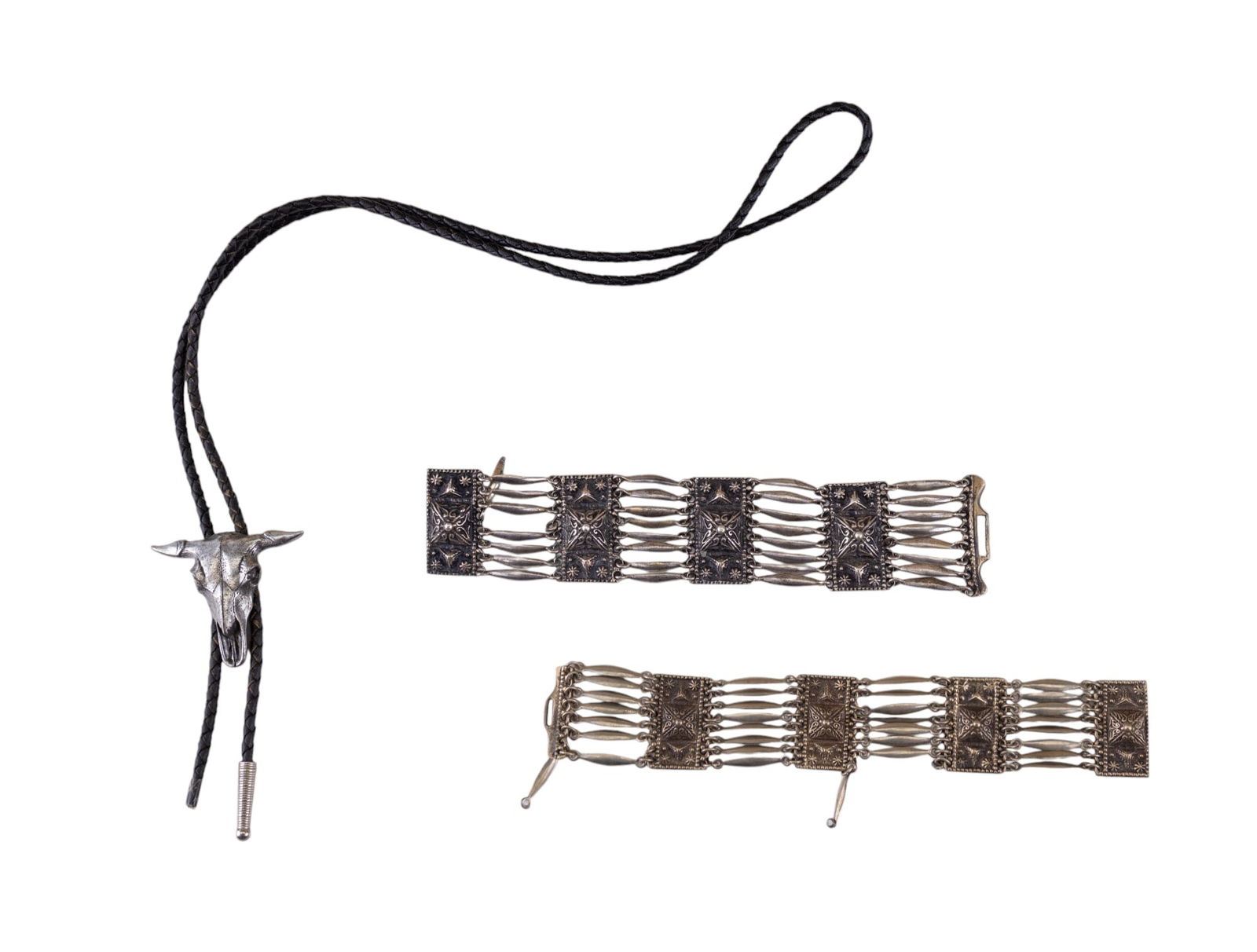 Mexico Sterling Silver & Similar Bracelet + Bolo: Mexico sterling silver panel bracelet w/ Mayan / Aztec pyramid design (there are 2 broken links), a similar Mexico panel bracelet that is not marked as sterling (silver purity not tested, there is 1 b