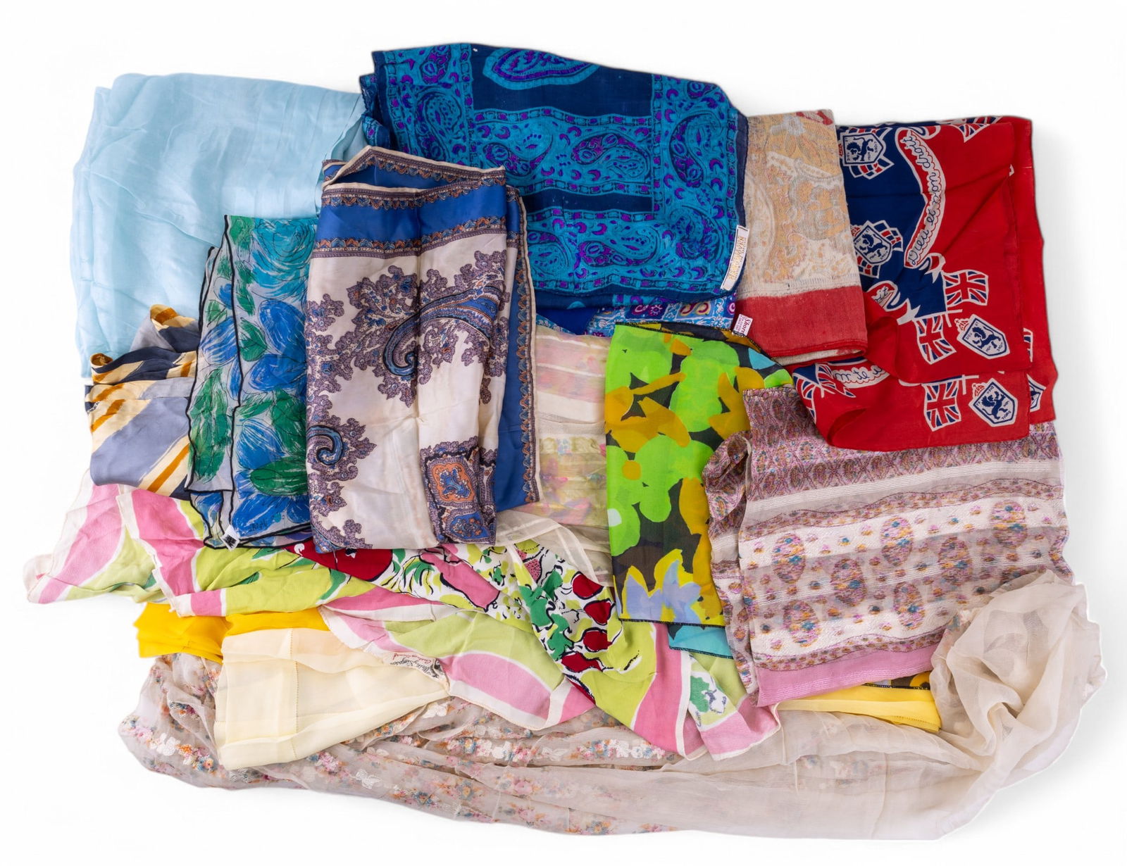 Vintage Silk and Chiffon Scarves: Some with tags Made in Japan, Made in India - silks, chiffons. Some as long as 6'. Various colors and patterns. Solid pale blue is approx 3' x 8'.