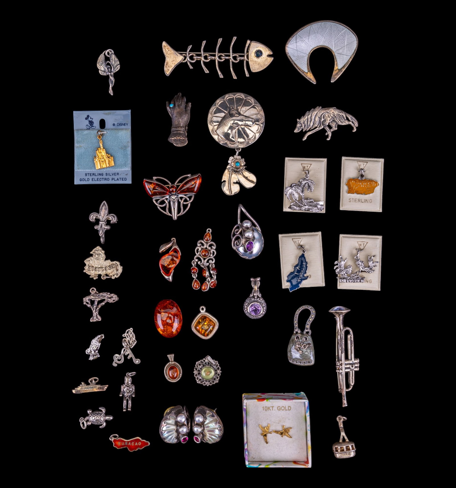 10K T. Belle Earrings, Sterling Charms & Brooches: Pair of 10K gold Tinker Belle earrings, sterling silver gold electro plated Disney Cinderella's Castle charm, Latin America sterling charms, other sterling charms, Osvais Norway enameled sterling broo