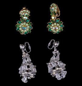 Trifari Green & Carnegie Clear Rhinestone Earrings