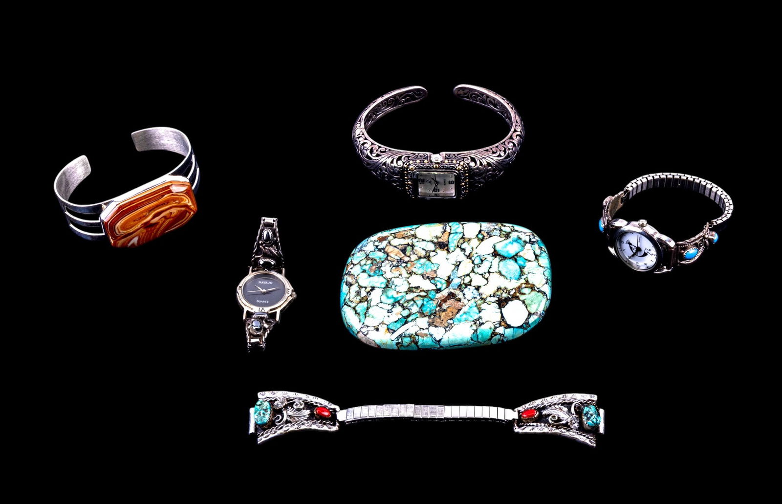 18K/925 Robert Manse and Navajo Watches: Robert Manse cuff watch marked 18K G and 925, two Navajo wrist watches, one with kokopeli and sterling buckles, sterling cuff bracelet with silk banded jasper cabochon, Native American watch band with