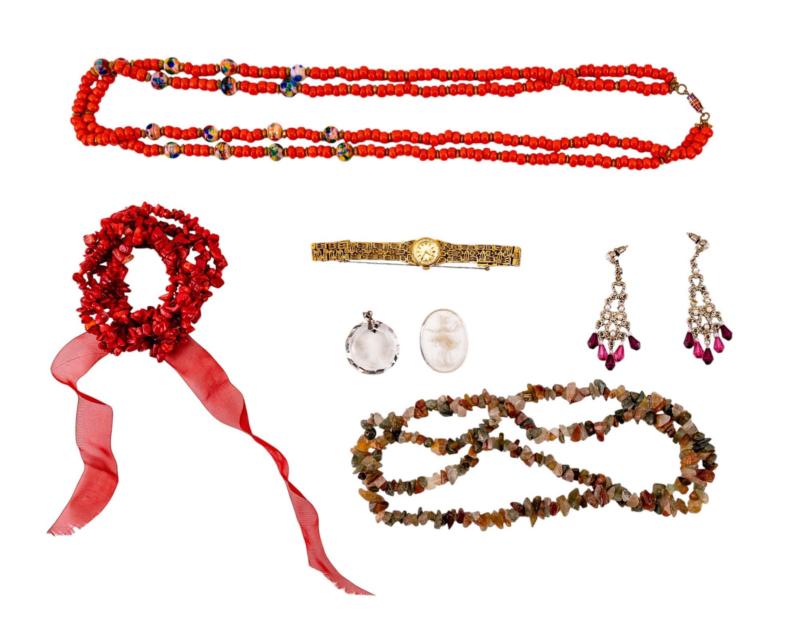 Vintage Red and Stone Bead Necklaces and More: Necklaces including multi-hue agate crystal chip, & artisan coral-style, bracelets, Seiko gold tone watch in as-found condition, & more.
