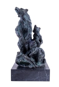 Bronze Statuette Mother Bear w/ Cubs, Marble Base