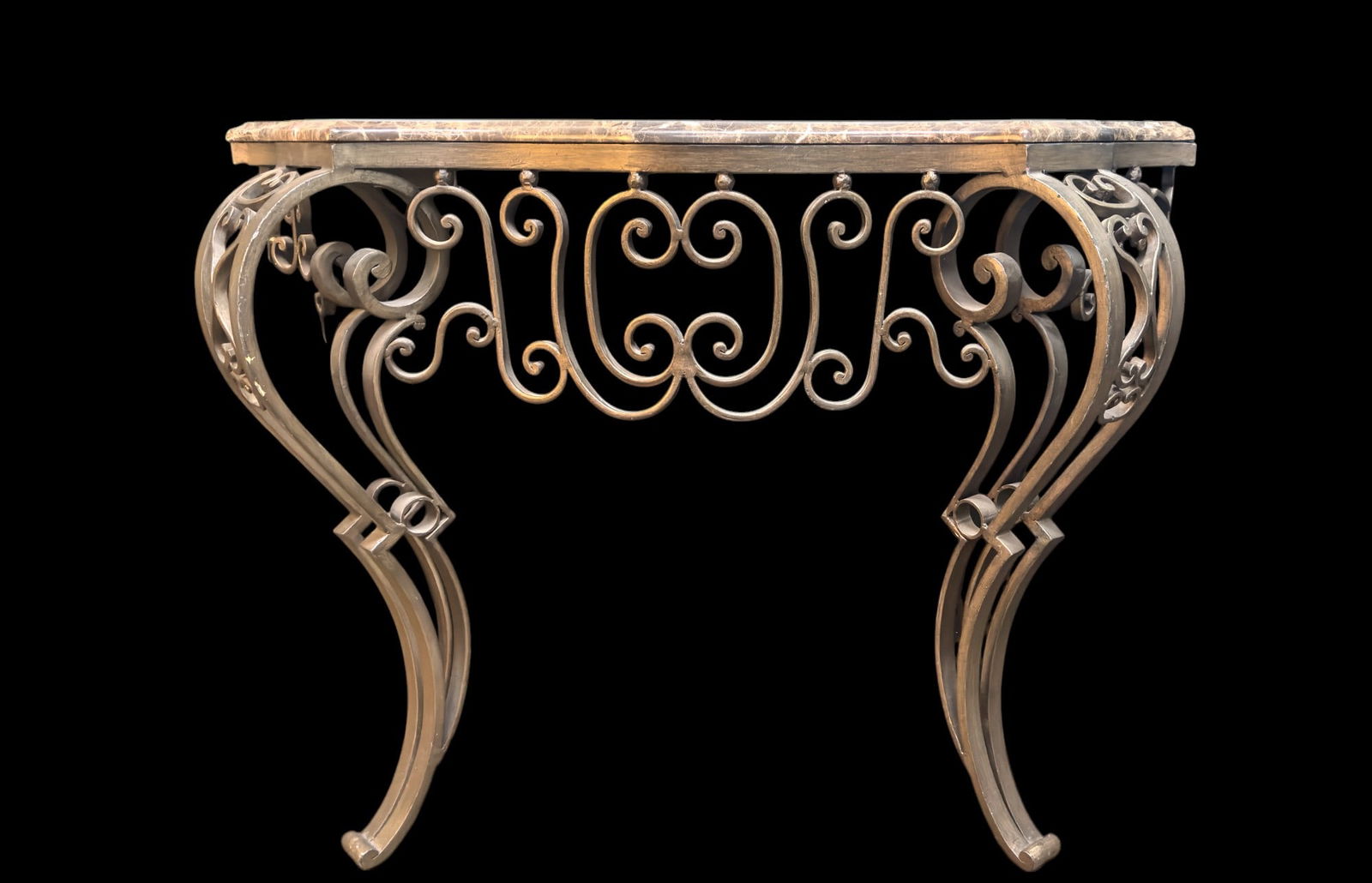 French Style Marble Top Wall Mount Console Table: A heavy gold-tone painted wrought iron marble top table, with highly veined beveled edge marble top measuring approx. 1" thick. Table measures approx. 30" high x 40" wide x 12.5" deep. The marble has