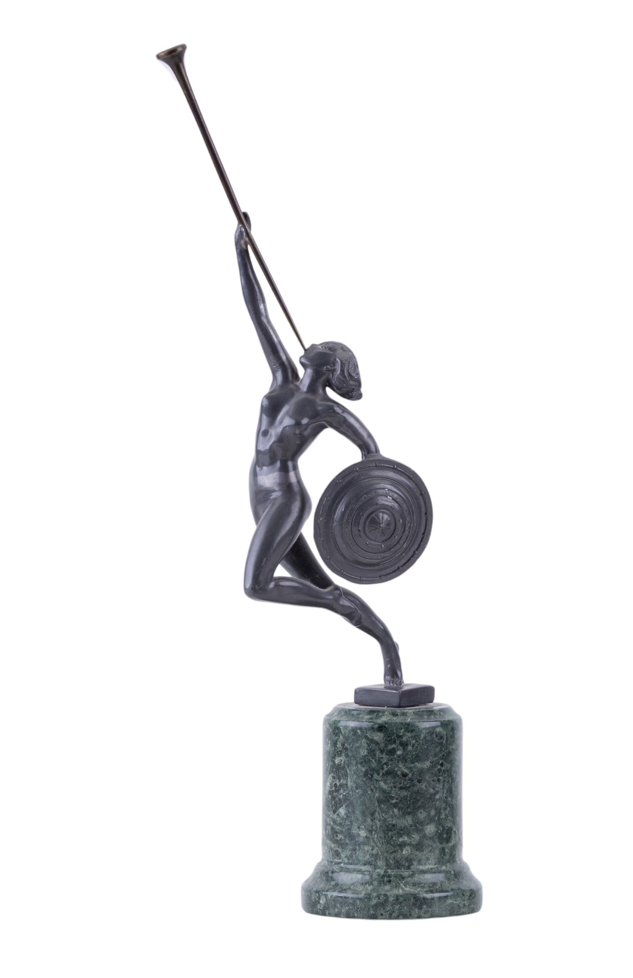 Jericho Trumpet Style Sculpture, Marble Base: An art nouveau style cast metal on green marble grey painted figure depicting a woman with a shield and bugle / trumpet reminiscent of the Jericho Trumpet Sculpture. Measures approx. 16.5" high and is