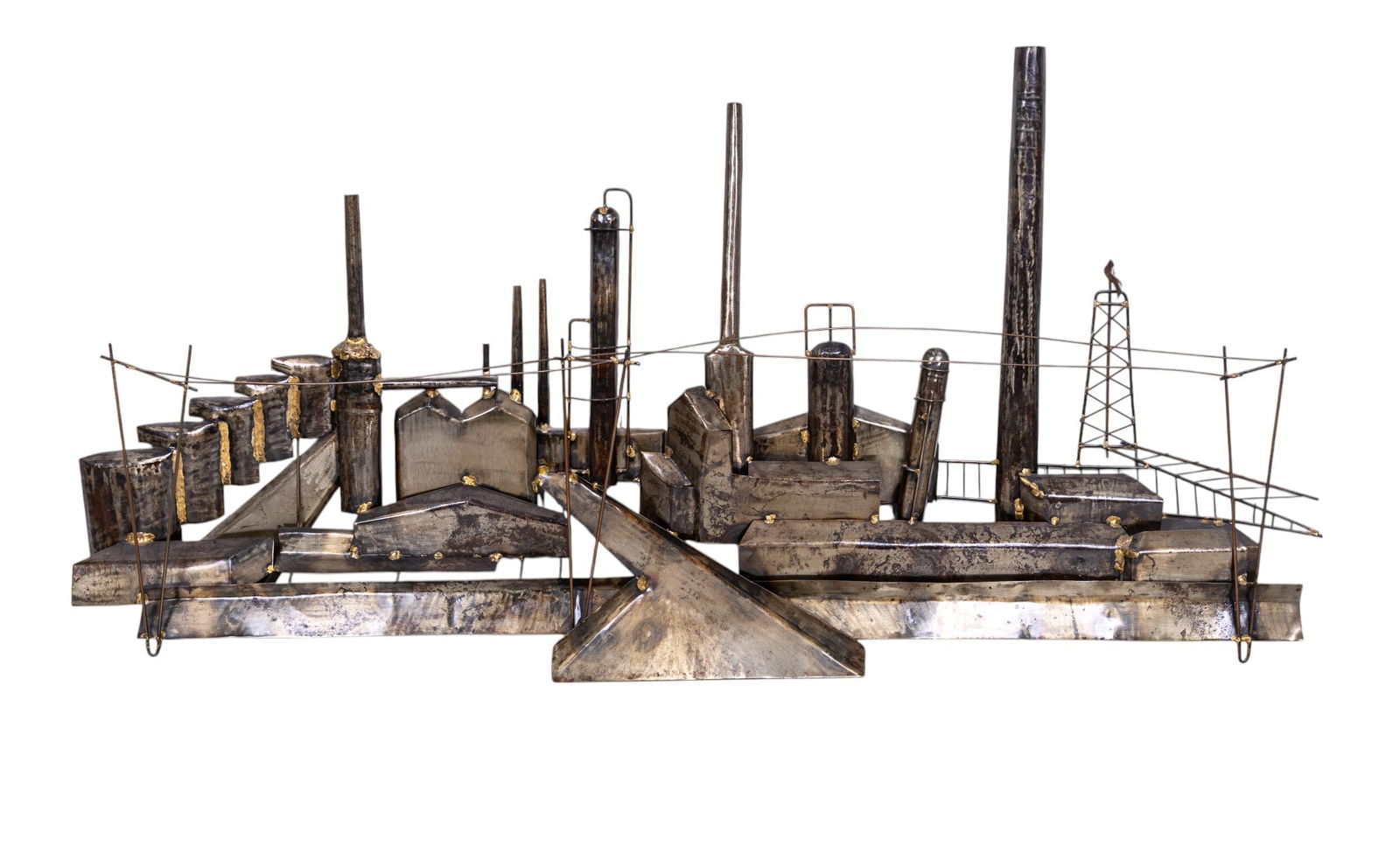 Mid Century Modern Industrial Copper Sculpture: A mid century modern industrial copper wall sculpture depicting an oil refinery. Multidemensional, measuring approx. 25" high x 50" wide x 4" deep.
