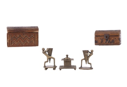 Antique Marquetry Inlay Boxes + Inkwell Set