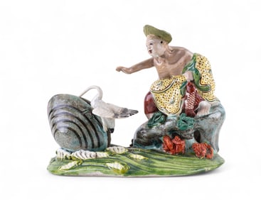 Chinese Porcelain Figurine Elder w/ Stork + Clam