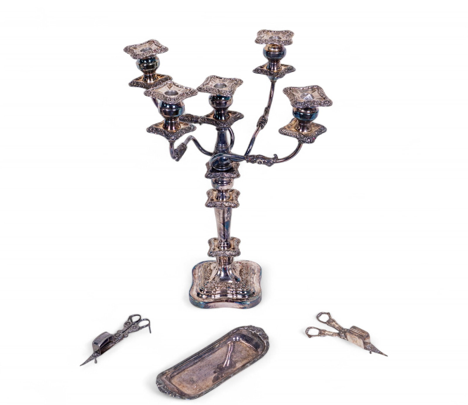 Candelabra, Candle Snips, Tray: Five light center piece candelabra standing 20.25 x 13.5 square in inches (believed to be Sheffield Plate) and a pair of early close plated candle snuffers and a tray.