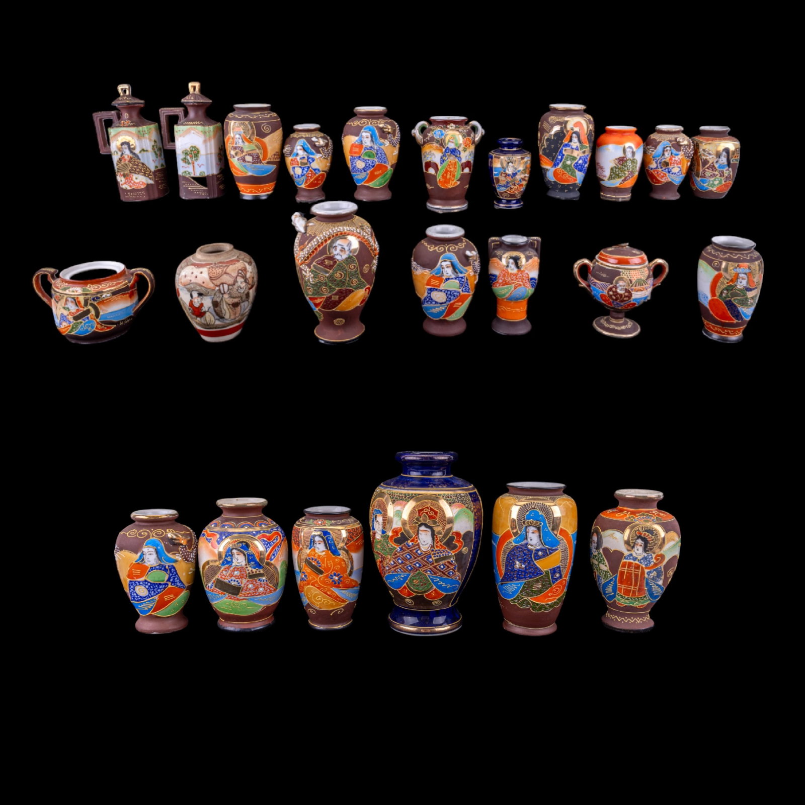 Japanese Satsuma Moriage Vases + Other Vessels: Collection of 24 pieces of Japanese porcelain made during the Occupation of Japan or proximate time period including Satsuma Moriage vases w/ noble figures + gilded accents, sugar bowls, + a pair of s