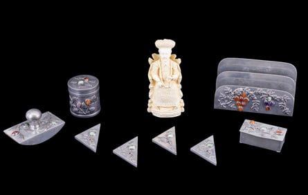 Chinese Decorated Pewter Desk Set + Asian Figurine