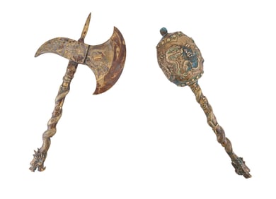 Chinese Dragon Decorated Brass Axe + Mace