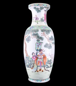 Chinese Famille Verte Rouleau Vase w/ Garden Scene