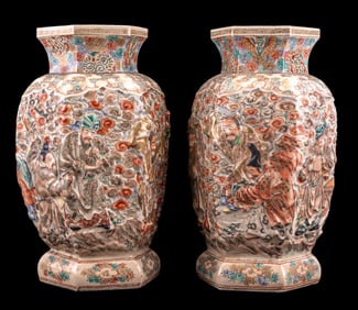19th C. Japanese Satsuma Hexagonal Vase Pair