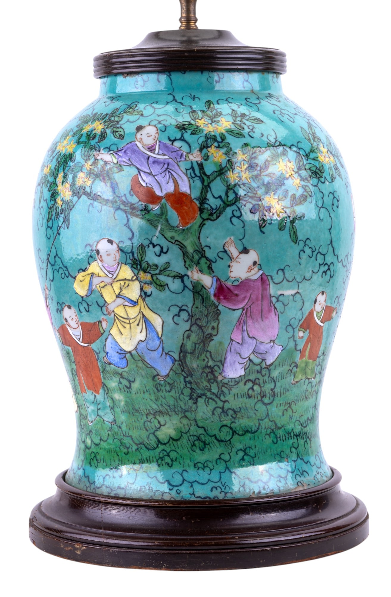Chinese Porcelain Ginger Jar Table Lamp: Chinese porcelain ginger jar table lamp w/ blue-green primary glaze + scene of children playing in a garden. Lamp has a wooden base + top cover. The finial is a miniature Tianqiuping globular vase. La