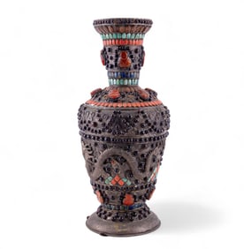 Tibetan Jeweled Metal Vase w/ Figural Accents